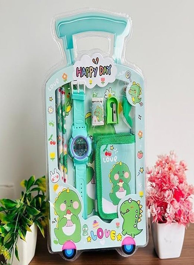 SAMVARDHAN 7 in 1 Stationery Gift Set for Children | Stationery Supplies Bundle with Digital Watch, Sharpener, Eraser, 2 Pencils, Wallet Pouch Return Gift for Kids (GIFTSET-9005-PACK1-SUMMER-GREEN) - Image 3